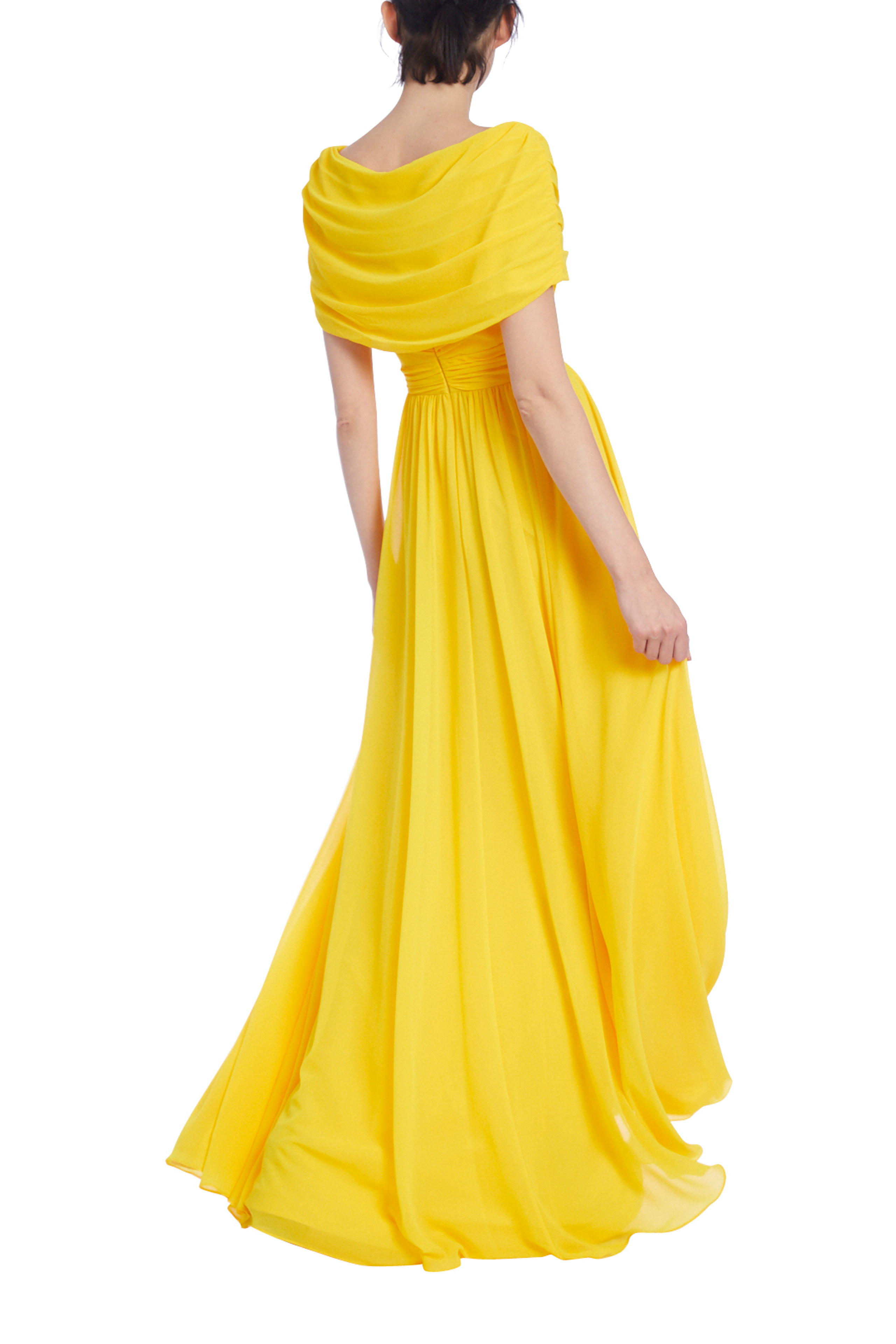 Lemon-Yellow Pleated Evening Gown with Ruched Bodice by Badgley Mischka