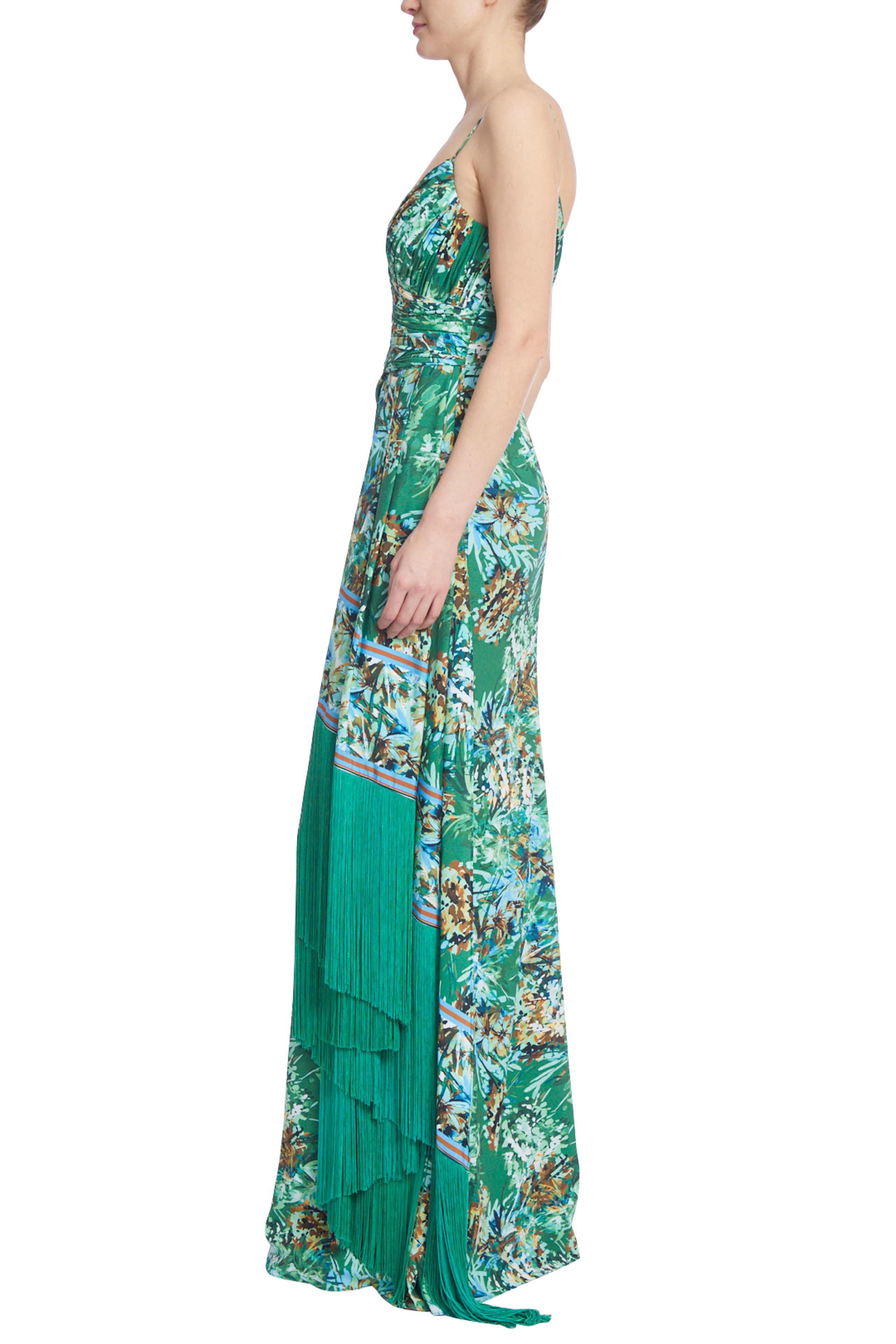 Printed Wrap Maxi Gown with Fringe by Badgley Mischka