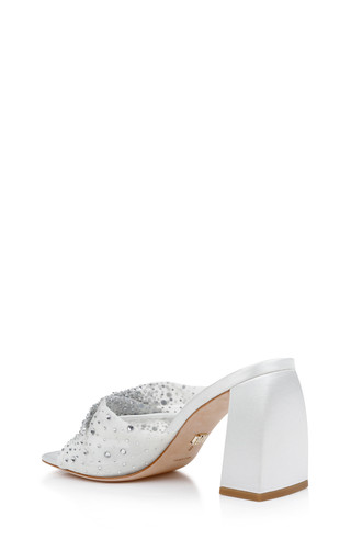 Camelia Crystal-Embellished Peep-Toe Mules with Block Heel by