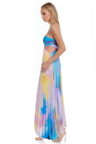 Blue Multi | Gabriella Pleated Cutout Halter Dress Side