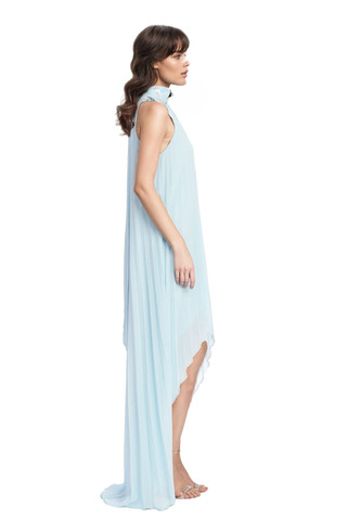 Light Blue | Mia Pleated High Neck High Low Maxi Dress Side
