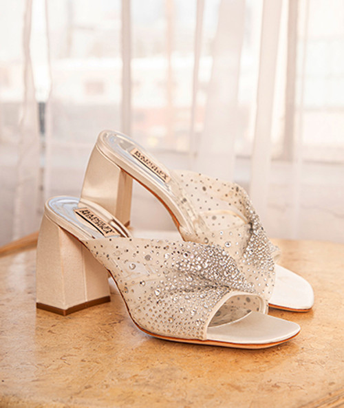 Camelia Crystal-Embellished Peep-Toe Mules with Block Heel