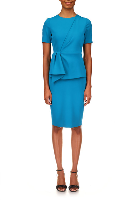 Deep Aqua Crewneck Day Dress w Drape Peplum Front