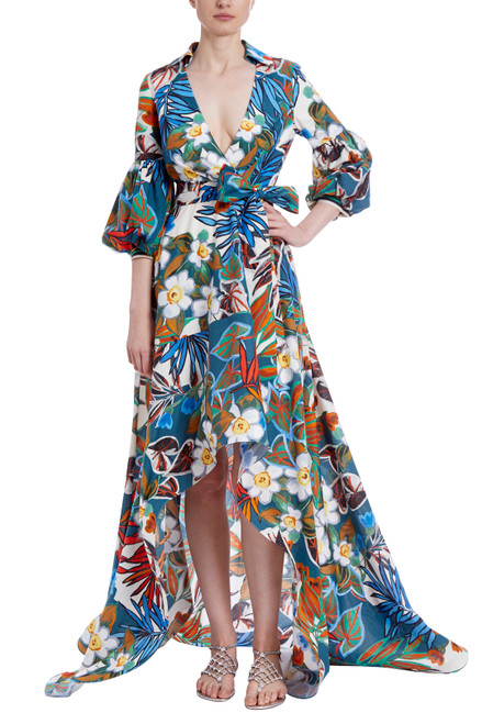 Blue Multi Tropical Floral Print Gown with High-Low Hem Front