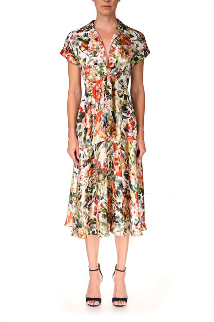 White Multi Sunset Red and Olive Floral Dress Front