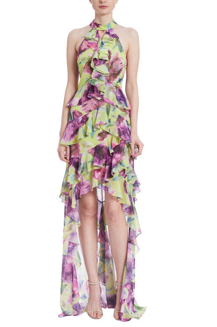 Yellow Multi Floral Ruffle High-Low Gown Front