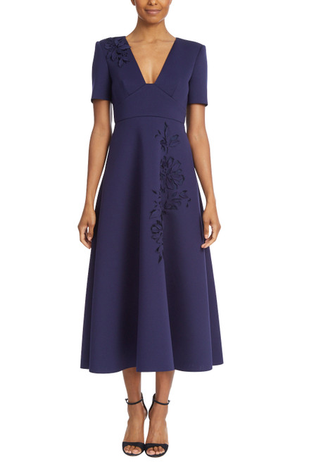 Navy Fit and Flare Laser-Cut Detail Dress Front