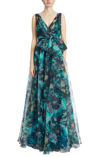 Green Multi Ocean Floral Organza Gown Front