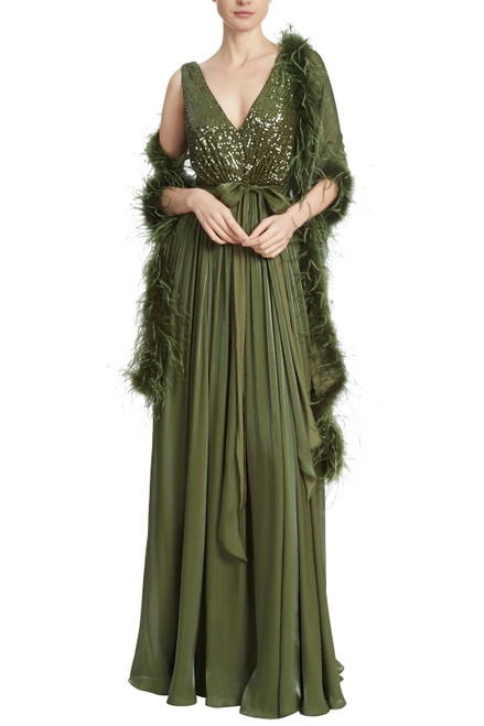 Moss Gown with Feather Wrap  Front