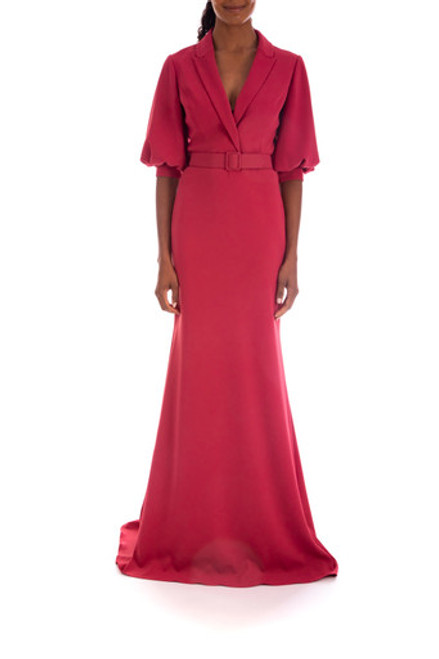 Berry Belted, Collared V-Neck Gown Front