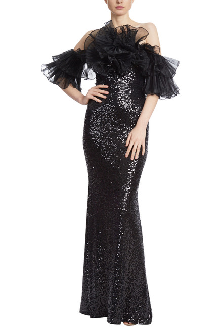 Black Sequined Column Gown with Organza Sleeves Front