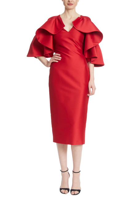 Red Silky Red Dress with Ruffled Drama Sleeves Front