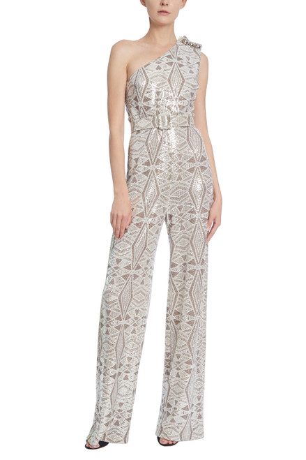 Beige Multi Belted One-Shoulder Jumpsuit with Sequined Pattern Front