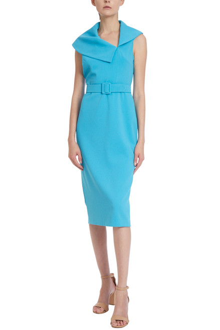 Turquoise Turquoise Belted Sheath Cocktail Gown with Portrait Collar Front
