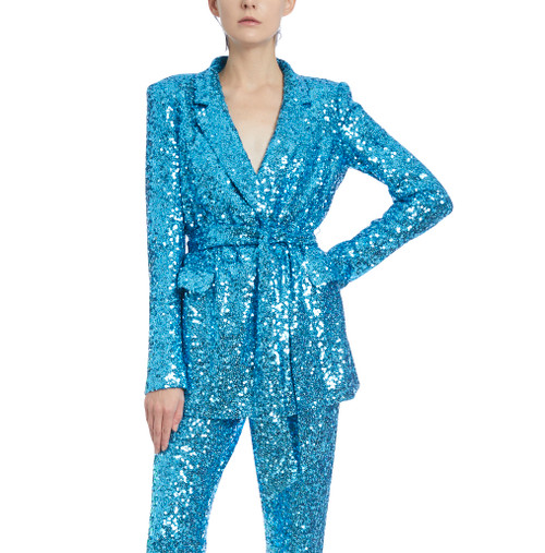 Blue Sequin High Waisted Belted Woven Pants