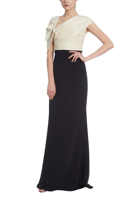 Black Ecru Duo-Tone Chiffon Evening Gown with Shoulder Tie Front