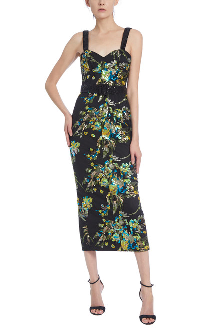 Black Multi Floral Embroidery Belted Midi Sheath Gown Front