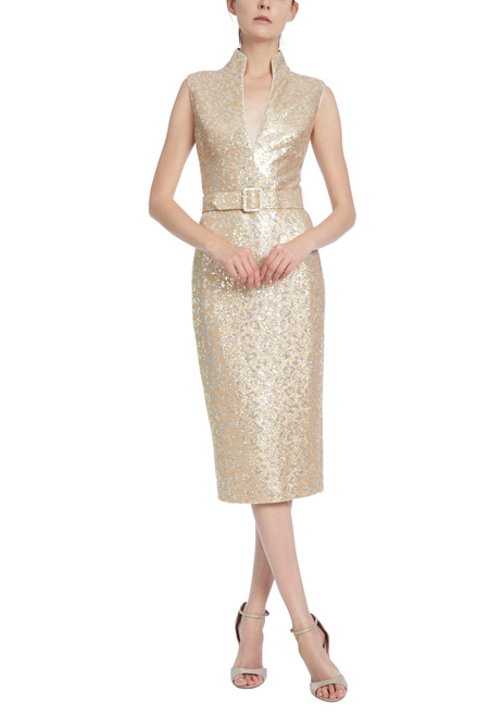 Silver/Gold  Gold Sequined Sheath Gown with Belt and Standup Collar Front