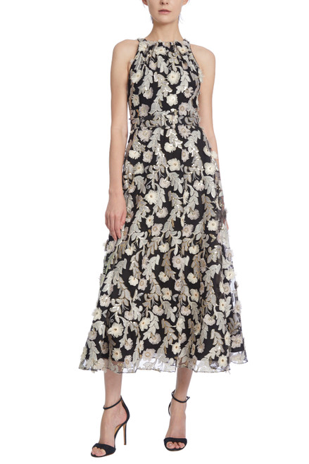 Black Beige Floral Embellished Halter Midi Gown Front