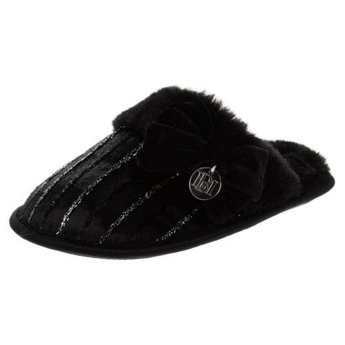 Black Girls' Faux-Fur Slippers with Glitter Lines Front Side