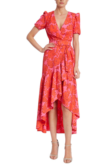 Red Multi Belted Ruffle Wrap Dress with Floral Print Front