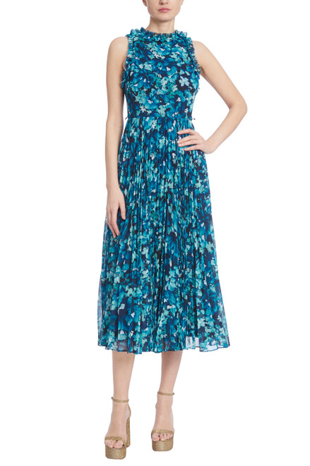 Teal Multi Floral Print Sleeveless Dress with Pleated Skirt Front