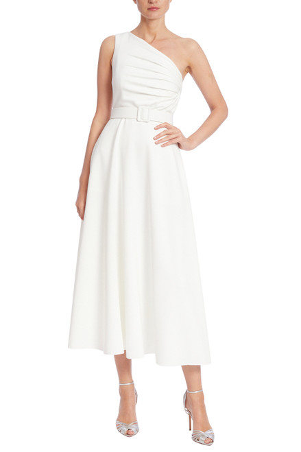 Light Ivory One Shoulder Pleated Bodice Midi Dress Front