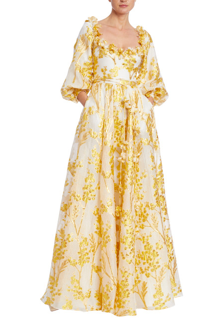 Yellow White Jacquard Balloon Sleeve Gown with Drama Back Front