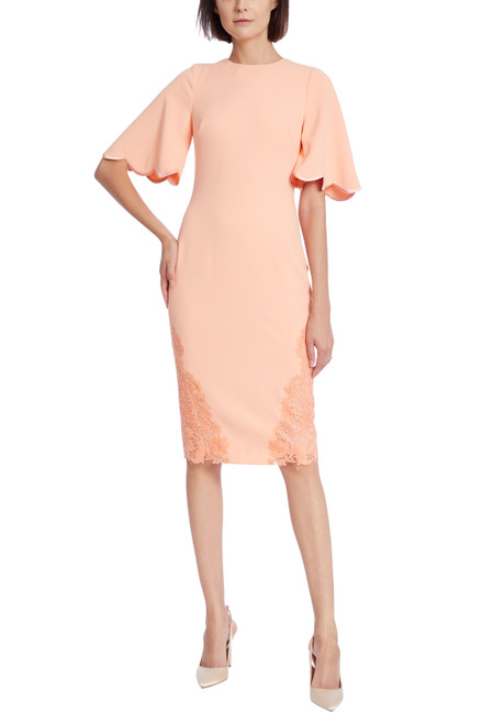 Coral Lace Trim Sheath with Flutter Sleeves Front