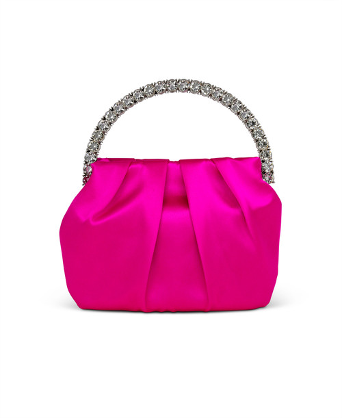 Neon Pink | Audrey Pleated Satin Pouch with Halfmoon Crystal Handle Neon Pink | Audrey Pleated Satin Pouch with Halfmoon Crystal Handle