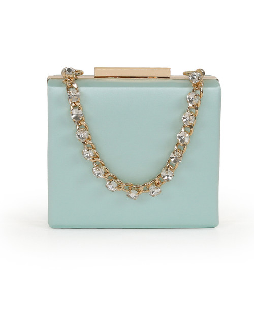 Lt Mint Green | Billie Mini Box Clutch with Rhinestone Wristlet Front