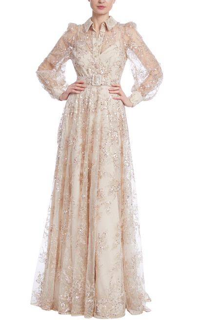 Nude Feminine Floral Embroidered Shirt Dress Gown Front