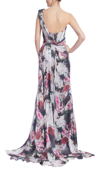 Beaded Floral One-Shoulder Gown with Slit by Badgley Mischka