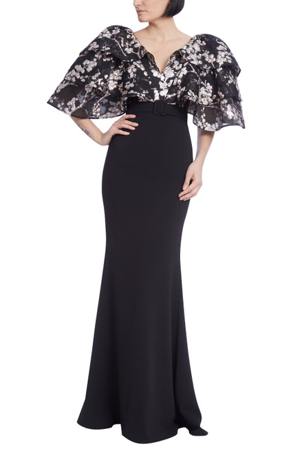 Black Multi Fitted Crepe Gown with Tiered Jacquard Floral Sleeves Front