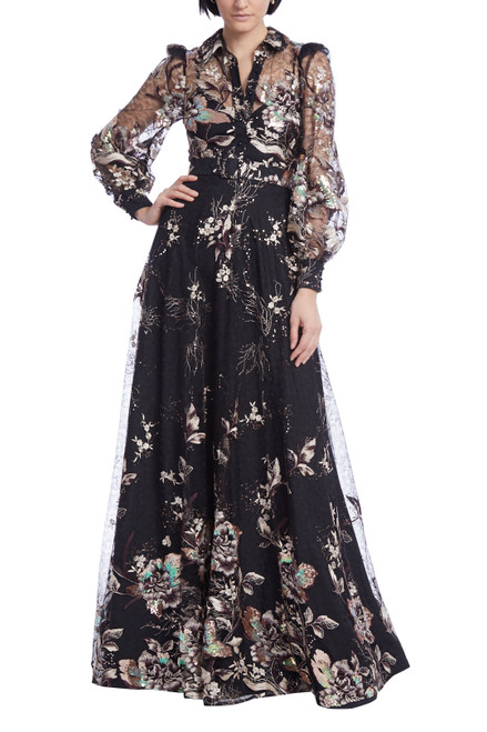 Black Multi Floral Embroidered Tulle Shirt Gown Front