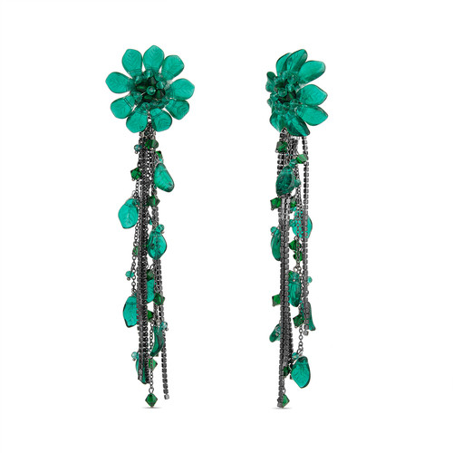 Emerald Floral Leaf Fringe Earrings Front