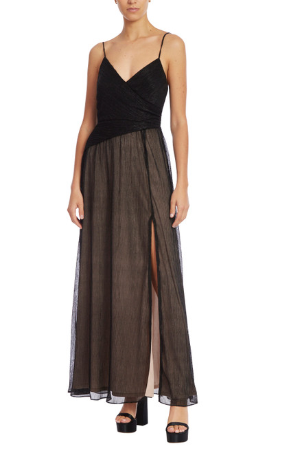 Black Metallic Maxi Dress with Side Slit Front