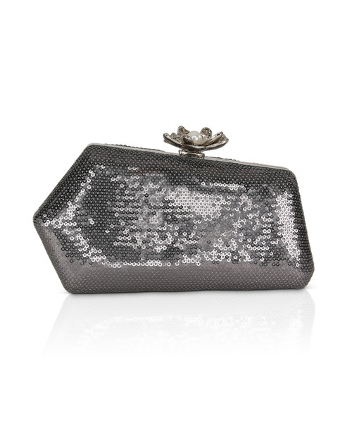 Pewter | Violet Sequin Asymmetrical Minaudiere With Floral Pearl Clasp Pewter | Violet Sequin Asymmetrical Minaudiere With Floral Pearl Clasp