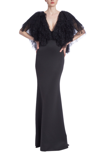 Fierce Teared Sleeve Gown with Plunging Neckline by Badgley Mischka