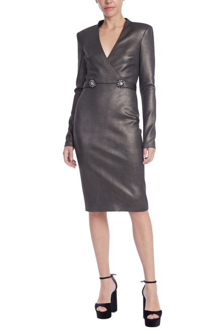 Gunmetal Metallic Pencil Midi Dress with Brooches Front