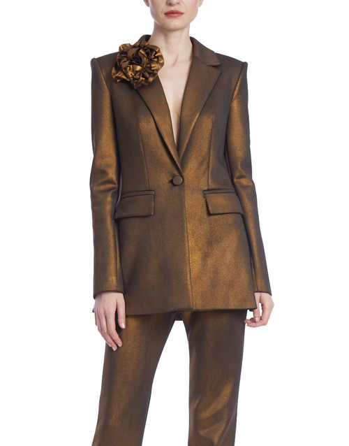 Bronze Tailored Metallic Blazer with Rosette Shoulder Front