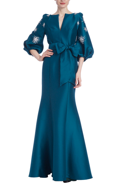 Teal Bishop Sleeve Mermaid Gown with Stars Front