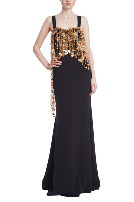 Black Gold Gold Beaded Fringe Column Gown Front