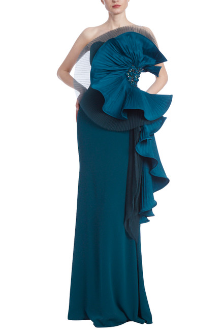 Teal Strapless Side Pleated Ruffle Fan Gown Front