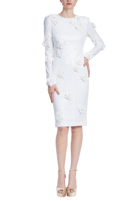 White Scattered Rosettes Sequin Dress Front