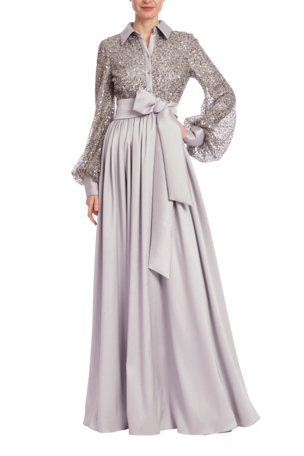 Fitted Coat Dress Gown with Embellished Cuffs by Badgley Mischka