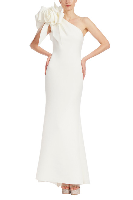 Light Ivory One-Shoulder Rosette Column Gown Front