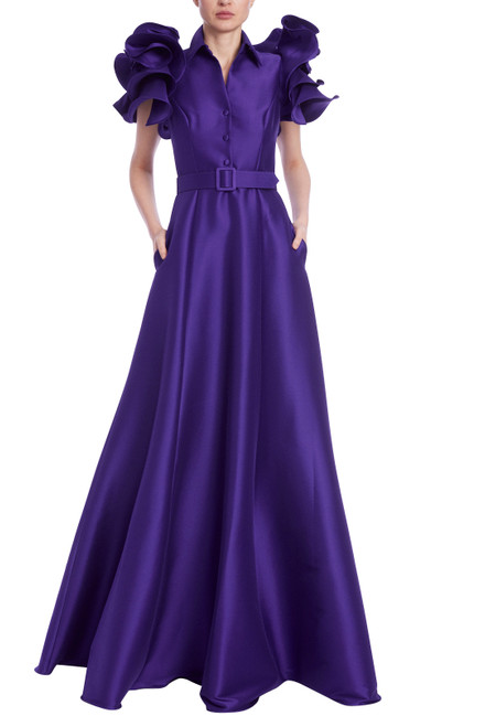 Purple Mikado Ruffle-Sleeve Gown with Belted Full Skirt Front