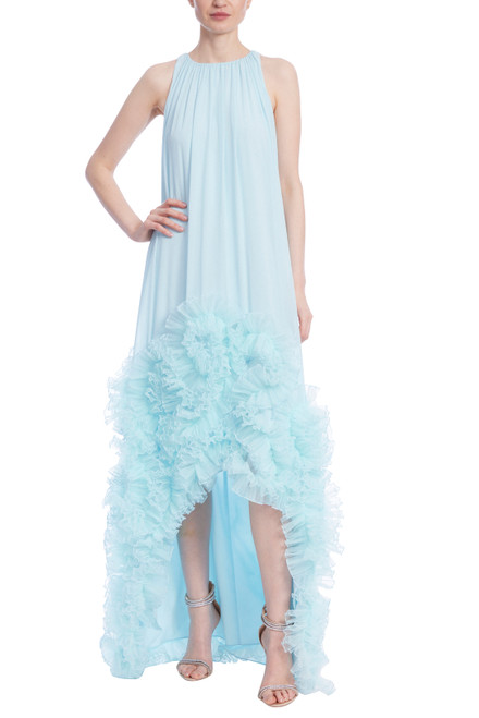 Ice Blue Sleeveless High-Low Dress with Tulle Ruffle Hem Front