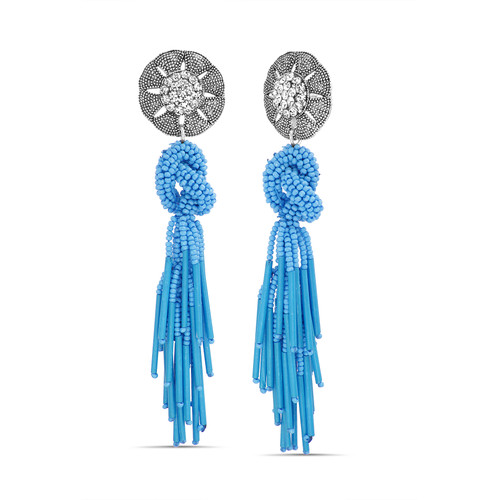 Blue Seed Bead Earrings with Knotted Tassel Front